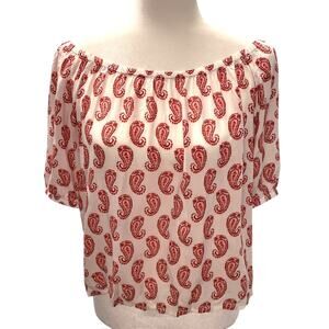 Loft Red White Paisley Blouse Top Off Shoulder Americana Short Sleeve SP